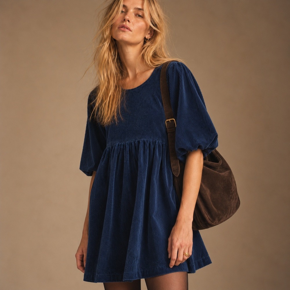 Everlane Corduroy Babydoll Mini Dress Atlantic Blue Sz S NWT